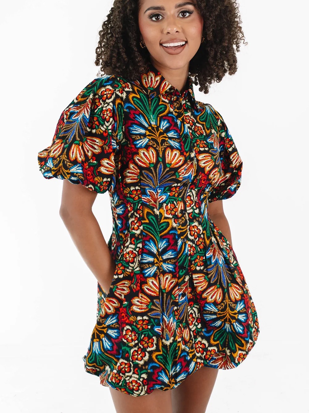 Olivaceous Multicolor Floral Button-Front Puff-Sleeve Mini Dress with Bubble Hem
